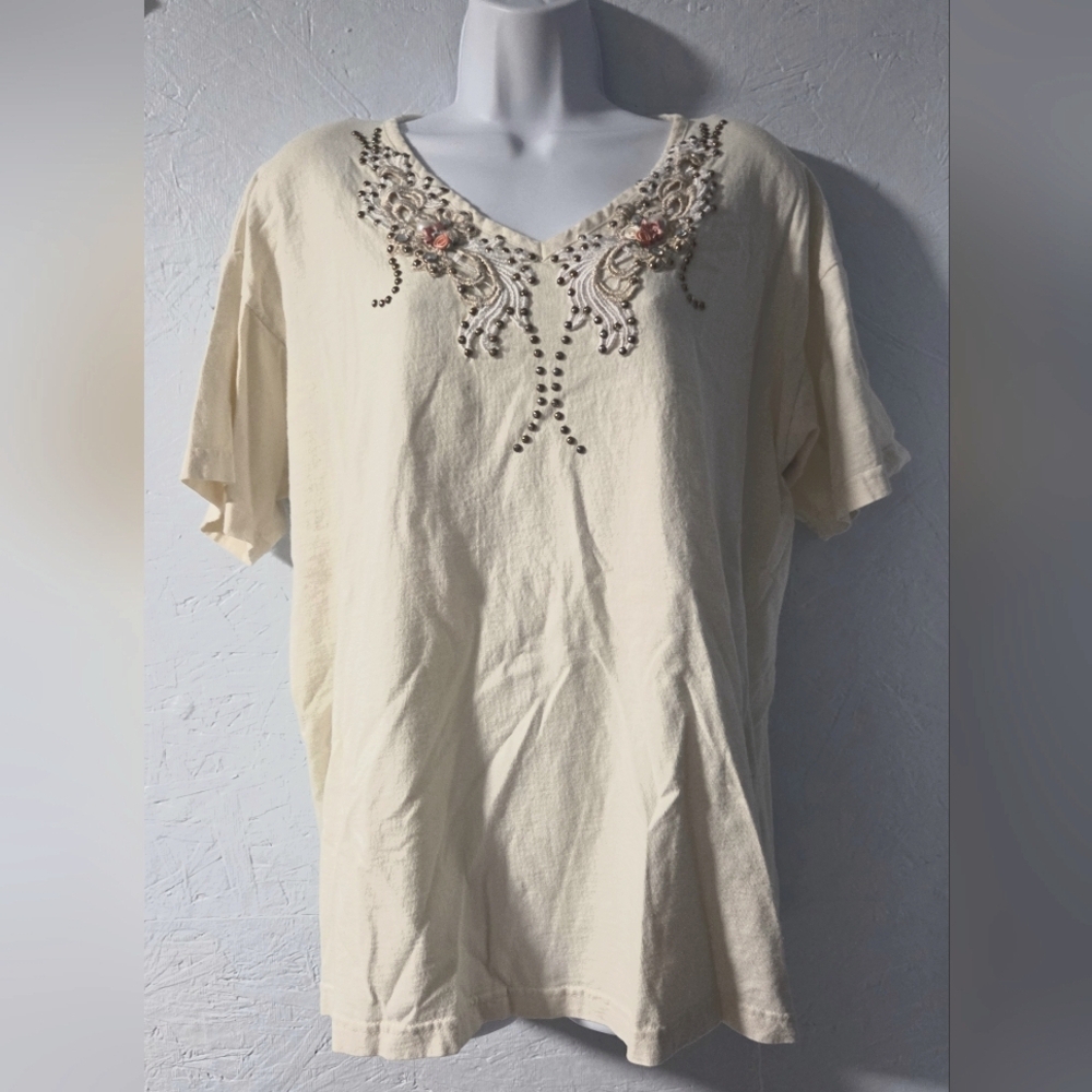Vintage 1980s Cactus Cream Embellished Tee - XL